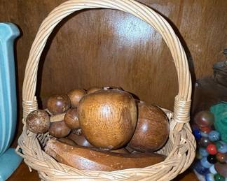 Vintage Monkey Pod Wood Fruit Set in Wicker Basket