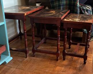 Vintage Nesting Tables with F.M. Bennett Sporting Prints