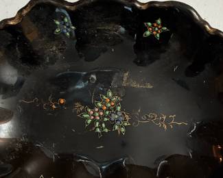 Vintage Black Hand-Painted Floral Divided Dish, Made in Japan