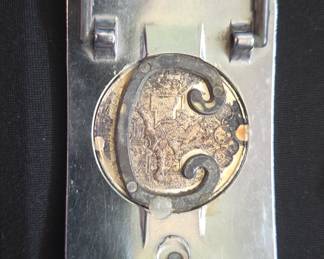 Mexican Silver Coin Belt Buckle with Hand-Engraved Scrollwork