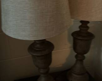 Pair of Turned Wood Table Lamps with Linen Shades