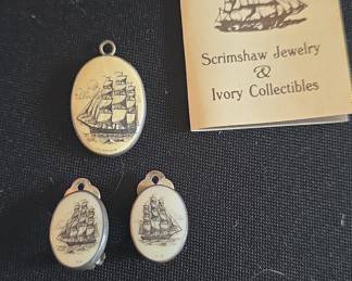 Vintage Scrimshaw Jewelry Set