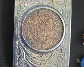 Mexican Silver Coin Belt Buckle with Hand-Engraved Scrollwork