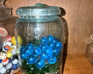 Vintage Ball Mason Jar Filled with Blue and Green Marbles