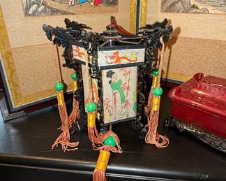 Vintage Chinese Carved Wood Dragon Lantern with Hand-Painted Panels