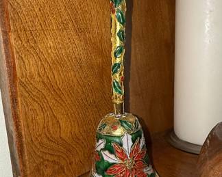 Vintage Cloisonné Enamel Poinsettia Christmas Bell with Holly and Berries