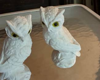 Pair of White Alabaster Owl Figurines, Made in Italy