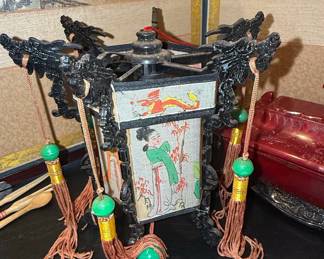 Vintage Chinese Carved Wood Palace Lantern with Silk Panels