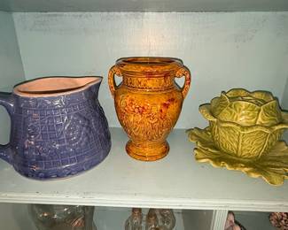 Collection of Three Majolica-Style Ceramic Pieces: Blue Grape Pitcher, Classical Urn, and Cabbage Tureen