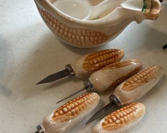 Vintage Corn-on-the-Cob Serving Set with Gravy Boat and Picks
