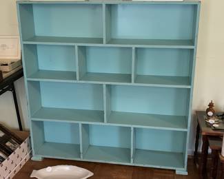 Primitive Robin's Egg Blue and Green Painted Rectangular Wood Cubby Hole Shabby Vintage Storage Display Cabinet