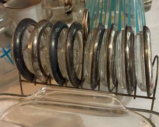 Leonard Silverplate and Starburst Glass Coasters Set of 8 with Rack