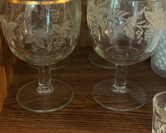 Bartlett Collins "Decoration 806" Etched Grape and Thumbprint Wine Goblets with Gold Rim