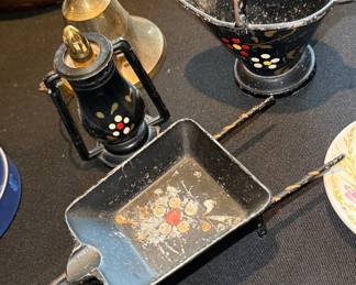 Vintage Cast Iron Miniature Wheelbarrow, Lantern, and Coal Scuttle Set