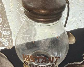 Vintage Glass Instant Coffee Jar with Metal Lid and Spoon