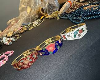 Vintage Cloisonné Floral Hinged Bangle Bracelets (Set of 3)