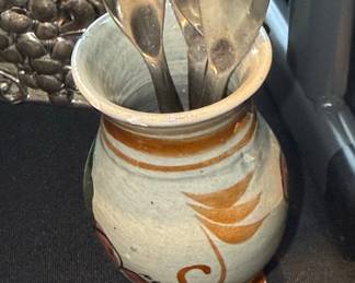 Mexican Tonala Pottery Vase with Sterling Silver Spoons