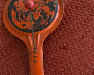 Vintage Halloween Tin Litho Noise Maker with Jack-o'-lantern and Figures
