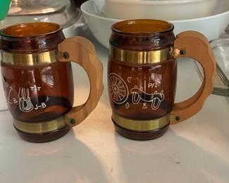Vintage Siesta Ware Amber Glass Barrel Mugs with Wood Handles