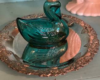 Vintage Avon Royal Swan Teal Blue Glass Cologne Bottle with Crown Stopper and Tray