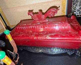 Vintage Celluloid Trinket Box with Phoenix and Dragon Motifs