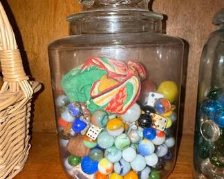 Vintage Glass Jar with Assorted Marbles and Gaming Dice