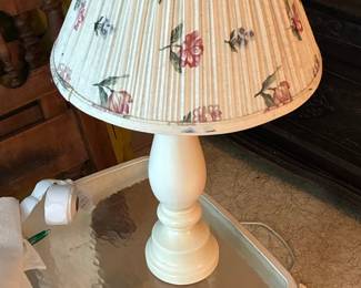 Vintage Turned Wood Table Lamp with Floral Lampshade