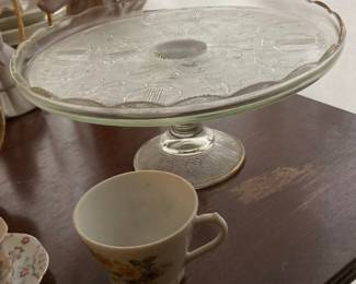 Vintage Jeannette Glass "Harp" Pattern Cake Stand with Gold Trim