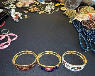 Vintage Cloisonné Floral Hinged Bangle Bracelets (Set of 3)