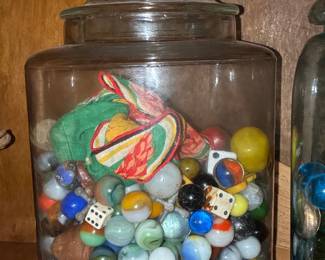 Vintage Glass Jar with Assorted Marbles and Dice
