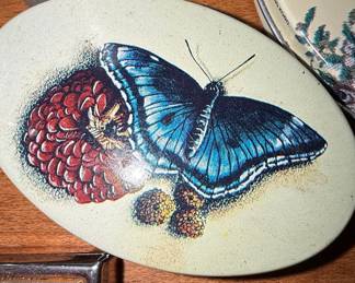 Vintage Decorative Tin Box with Butterfly and Raspberry Motif