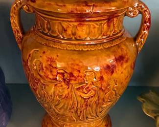 Majolica Classical Relief Two-Handled Urn with Cherubs