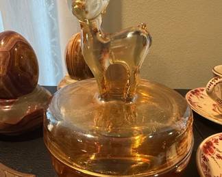 Jeanette Marigold Carnival Glass Fawn Powder Jar