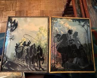 Vintage Reverse-Painted Convex Glass Silhouette Pictures - Horse & Carriage and Couple