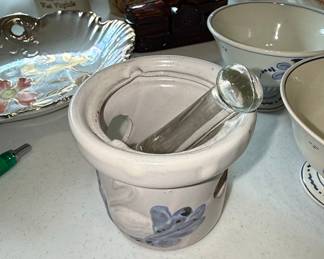 Vintage Stoneware Mortar and Pestle with Hand-Painted Floral Motif