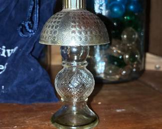 Vintage Miniature Oil Lamp with Metal Shade and Diamond Pattern Glass Base