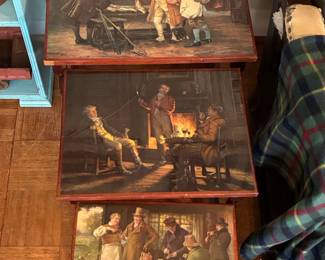 Vintage Nesting Tables with F.M. Bennett Sporting Prints