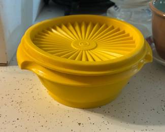 Vintage Tupperware Servalier Bowl #1323 Yellow with Sunburst Lid