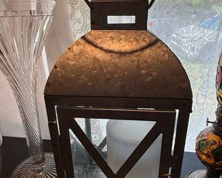 Galvanized Metal Decorative Lantern with X-Bracing