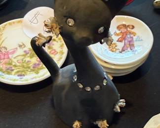 Mid-Century Modern Black Cat Figurine with Rhinestone Collar and Eyes