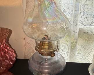 Vintage Iridescent Swirl Oil Lamp with Blue Tinted Base