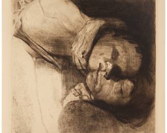 3013 Käthe Kollwitz (1867-1945) "Tod, Frau und Kind" [Death, Woman and Child], 1910 Etching, soft-ground etching and drypoint in brown ink on thick, cream, wove paper From the total edition of unknown size, most likely an impression from one of the later (or last) of the 14 states, circa 1931 or later With the etched text along the lower edge of the plate at left, at center, and at right, respectively: Orig. Rad. von Käte Kollwitz. / Verlag von Emil Richter. Dresden / Druck v. O. Felsing Berlin - Chlttbg. Plate: 15 7/8 x 16 in.; Sheet: 17 3/8 x 17 7/8 in. Estimate: $400 - $600