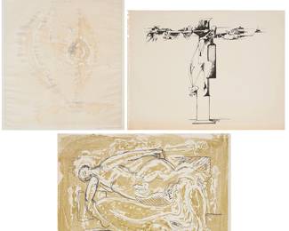 3332 Hans Burkhardt (1904-1994) Three works: Abstract composition, 1974 Mixed media on paper Signed and dated in pencil: H. Burkhardt 1974, and with the artist's embossed monogram "HB" all lower right Sheet: 5 1/2 x 19 1/4 in. Abstract composition, 1963 Ink on paper Signed and dated in pencil, lower right: H. Burkhardt 63 Sheet: 18 x 24 in. A figurative composition, 1974 Mixed media and ink on paper Signed and dated in pencil, lower right: H. Burkhardt / 1974 Sheet: 18 1/8 x 24 5/8 in. Estimate: $400 - $600