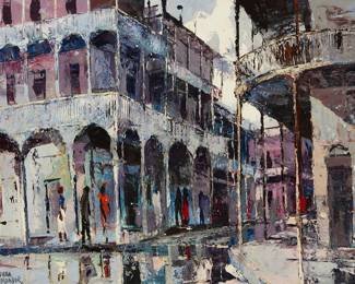 3098 Joshua Meador (1911-1975) "New Orleans Style," 1957 Oil on canvas Signed lower left: Joshua / Meador; signed again, titled, and inscribed "1084," all verso; titled and dated on two labels affixed to the frame's verso 20 x 27 in. Estimate: $500 - $700