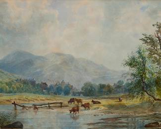 3093 John Faulkner (1835-1894) "The Town of Ardara, Co. Donegal" Watercolor on paper Signed lower left: John Faulkner; titled in pencil on a previous frame's backing paper affixed to the frame's backing board Sight: 16 3/4 x 29 1/2 in. Estimate: $400 - $600