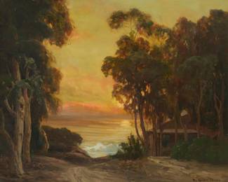 3043 William Galen Doss (1873-1957) "Road to the Ocean," 1890 Oil on canvas Signed lower right: W. Galen Doss; signed again, titled, and dated "1890," verso; inscribed "Blue Bird Canyon" on the stretcher 26 x 32 in. Estimate: $700 - $900