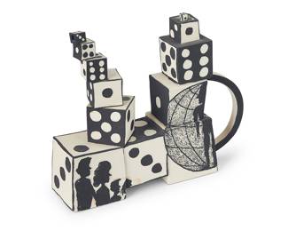 3088 Michael Corney (20th/21st Century) A painted studio ceramic teapot, 1992 In the form of die, painted with figures, a house with smoke billowing from the chimney, and globe motifs Stylized signature and date to underside: COR / NEY Height 7 in., width 8 1/2 in., depth 2 1/2 in. Estimate: $200 - $400