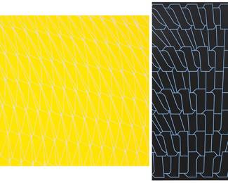 3170 June Harwood (1933-2015) Two works: Abstract geometrics, 1970 Each: Screenprint in colors on paper Each: A bon à tirer aside from the edition of unknown size Each: Signed, dated, and inscribed "B.A.T.," all in pencil, verso: Harwood 1970; the yellow work inscribed "#5CS-" in pencil, verso Image/Sheet of smallest: 18 x 12 in.; Image/Sheet of largest: 17 7/8 x 13 78 in. Estimate: $500 - $700