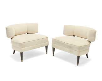 3418 A pair of William Haines style lounge chairs Late 20th century Each wood frame with white cotton canvas upholstery Unmarked 2 pieces Height of each 27 in., width 36 in., depth 32 in. Estimate: $500 - $700