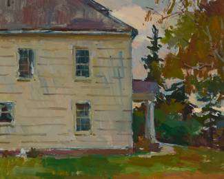 3404 Sergei Bongart (1918-1985) House in a wooded landscape Oil on Masonite Unsigned; inscribed "1N" in pencil and "121" in black ink, all verso 23 3/4 x 23 3/4 in. Estimate: $600 - $800